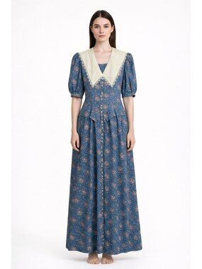 NWT Vintage Gunne Sax Jessica McClintock Blue Floral Prairie Dress Size 7